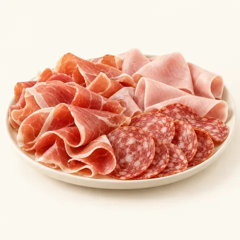 Un piatto di affettati: prosciutto crudo, prosciutto cotto e salame
