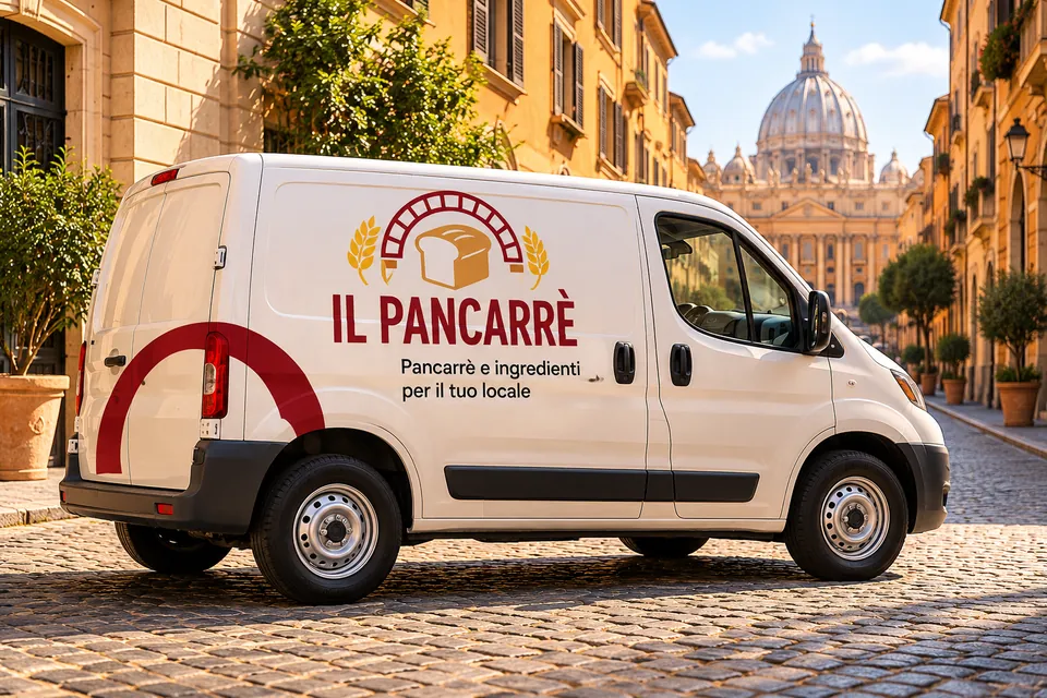 Il furgone de Il Pancarrè in una strada del centro di Roma, con la cupola di San Pietro sullo sfondo