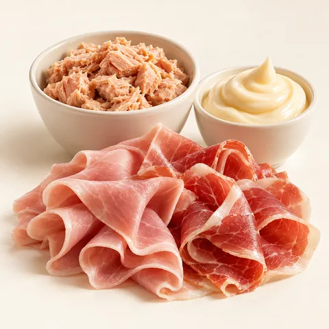 Ingredienti per farcire: tonno, maionese e prosciutto crudo