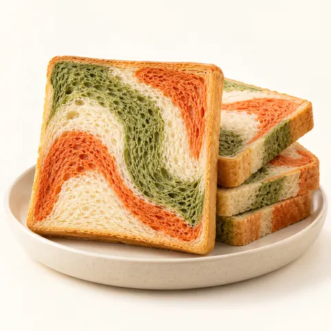 Fette di pancarrè tricolore, con le venature al pomodoro e agli spinaci
